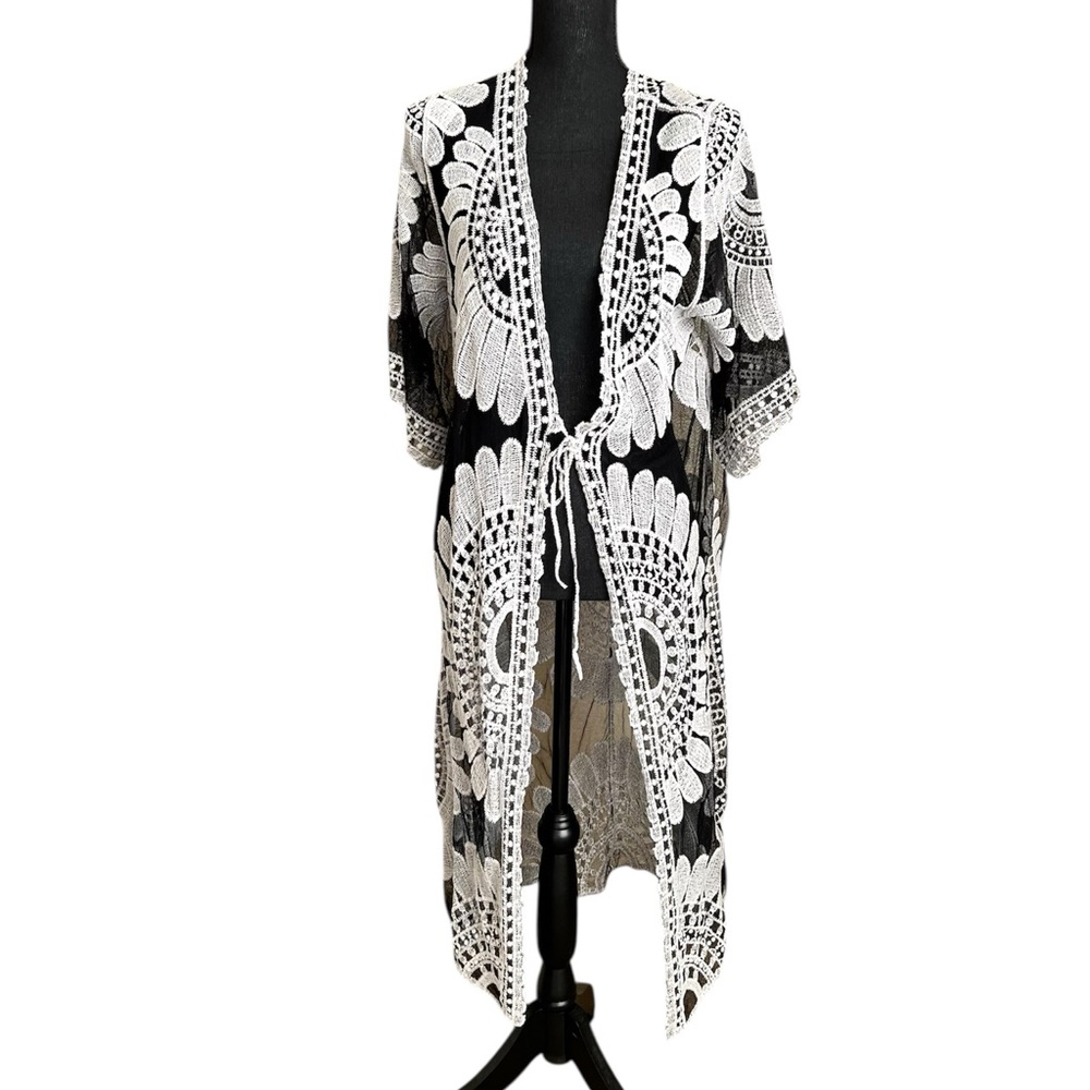 Cupshe Tie Front Sheer Black White Beach Cover Up - Picture 3 of 10